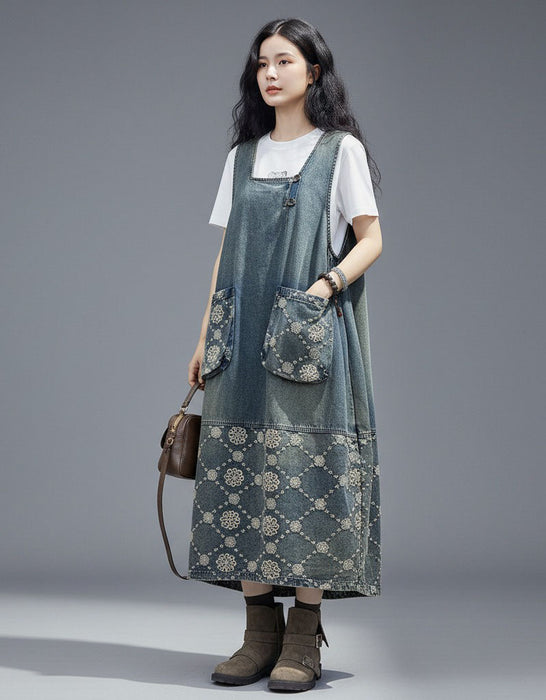 Women's Patchwork Sleeveless Embroidery Long Pullover Denim Dress