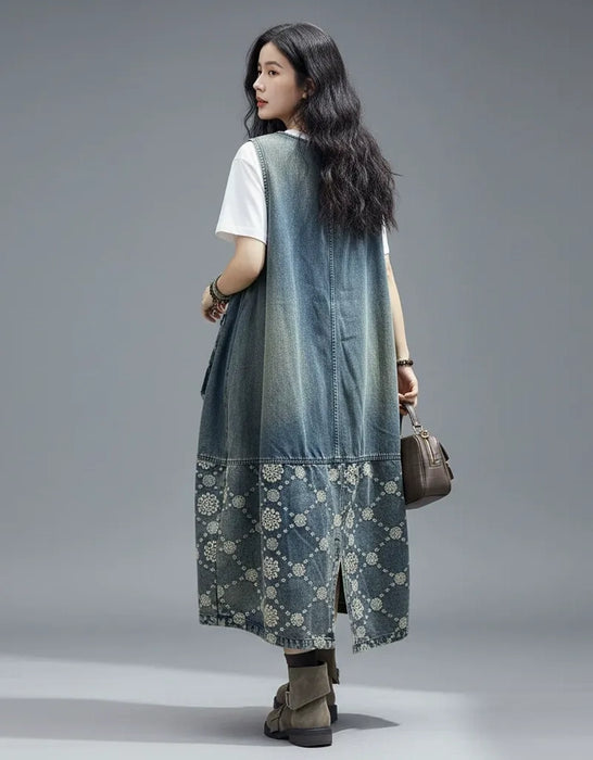 Women's Patchwork Sleeveless Embroidery Long Pullover Denim Dress