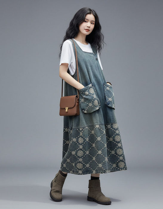 Women's Patchwork Sleeveless Embroidery Long Pullover Denim Dress