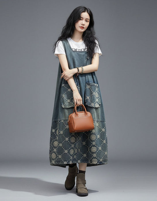 Women's Patchwork Sleeveless Embroidery Long Pullover Denim Dress