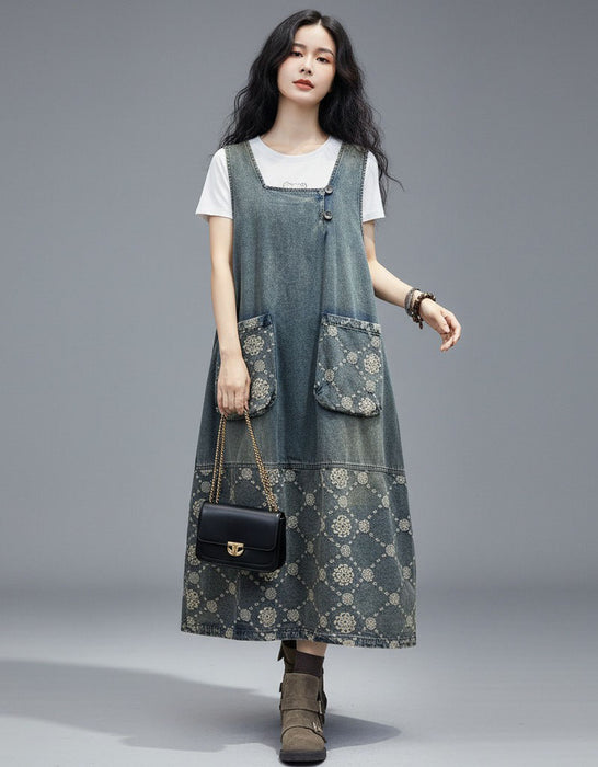 Women's Patchwork Sleeveless Embroidery Long Pullover Denim Dress