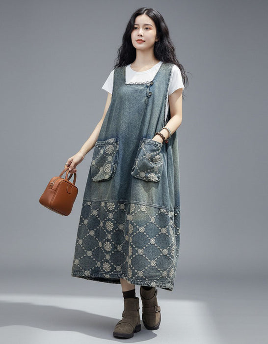 Women's Patchwork Sleeveless Embroidery Long Pullover Denim Dress