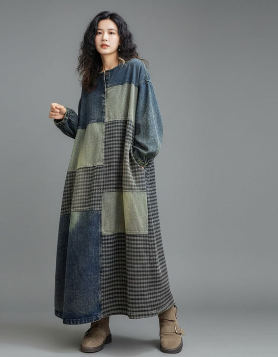 Women's Plus Size Denim Patch Casual Loose Long Dress Robe, Buykud Dress for Women