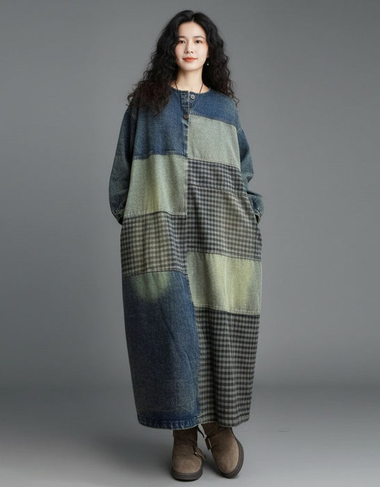 Women's Plus Size Denim Patch Casual Loose Long Dress Robe, Buykud Dress for Women