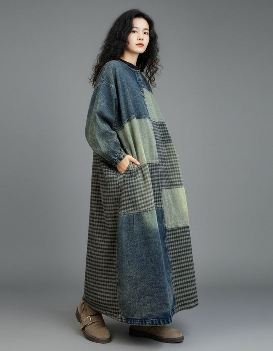 Women's Plus Size Denim Patch Casual Loose Long Dress Robe, Buykud Dress for Women