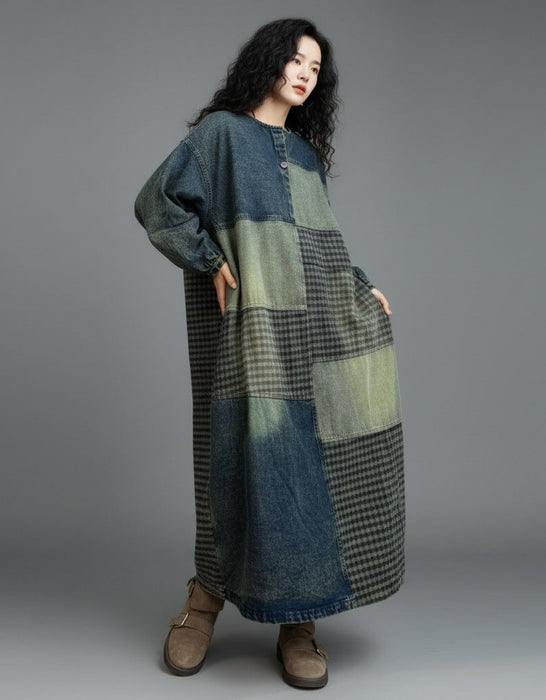 Women's Plus Size Denim Patch Casual Loose Long Dress Robe, Buykud Dress for Women