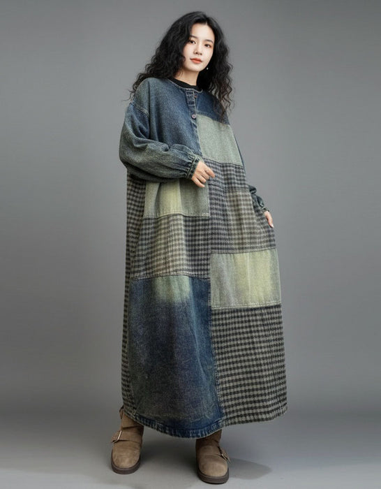 Women's Plus Size Denim Patch Casual Loose Long Dress Robe, Buykud Dress for Women