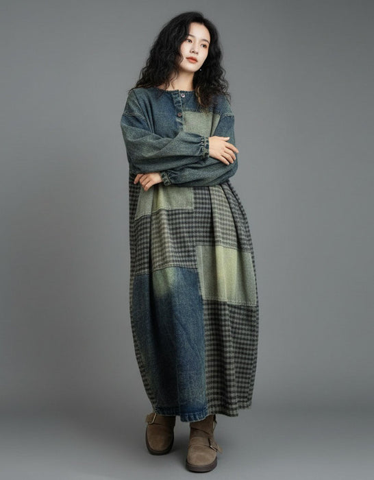 Women's Plus Size Denim Patch Casual Loose Long Dress Robe, Buykud Dress for Women