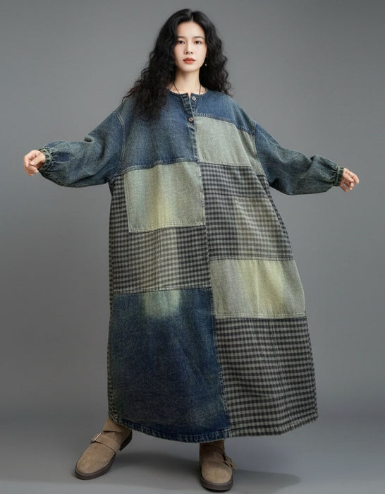 Women's Plus Size Denim Patch Casual Loose Long Dress Robe, Buykud Dress for Women