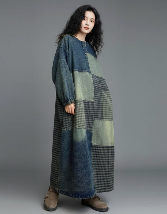 Women's Plus Size Denim Patch Casual Loose Long Dress Robe, Buykud Dress for Women