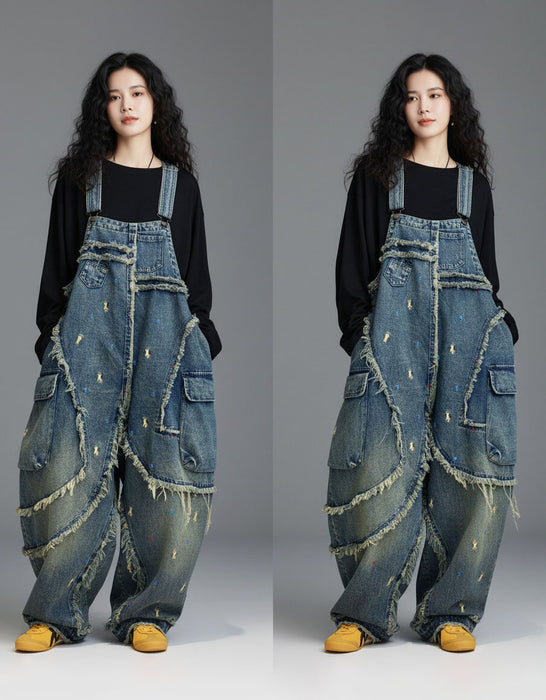 Women's Plus Size Patch Style Loose Denim Jumpsuit, Buykud Jumpsuits
