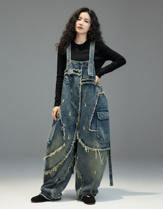 Women's Plus Size Patch Style Loose Denim Jumpsuit, Buykud Jumpsuits