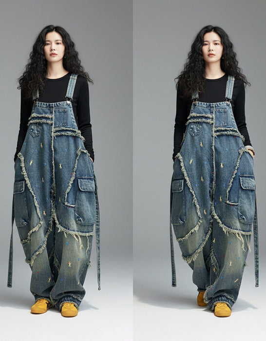 Women's Plus Size Patch Style Loose Denim Jumpsuit, Buykud Jumpsuits