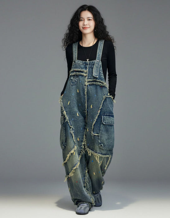 Women's Plus Size Patch Style Loose Denim Jumpsuit, Buykud Jumpsuits