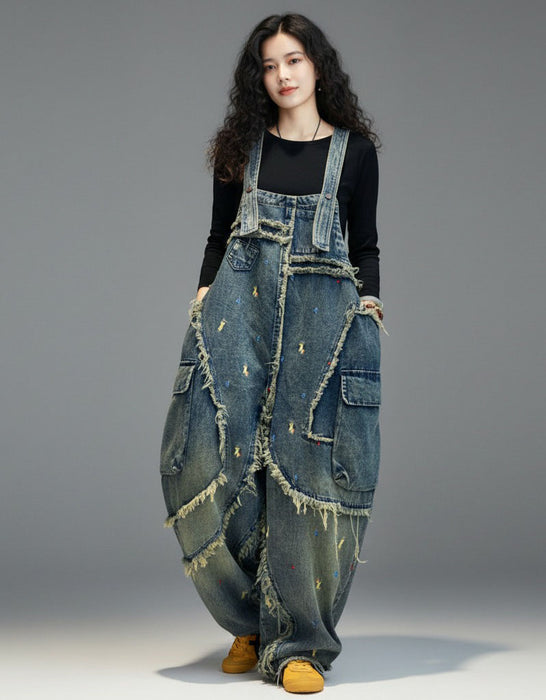 Women's Plus Size Patch Style Loose Denim Jumpsuit, Buykud Jumpsuits