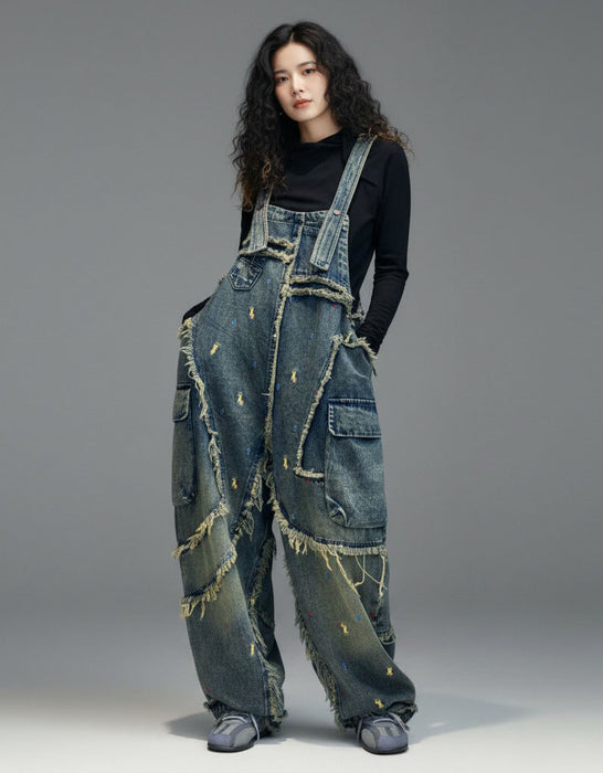 Women's Plus Size Patch Style Loose Denim Jumpsuit, Buykud Jumpsuits