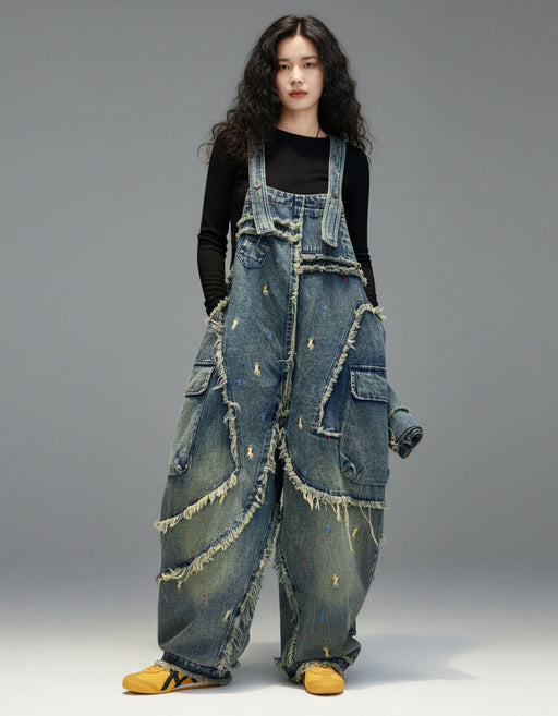Women's Plus Size Patch Style Loose Denim Jumpsuit, Buykud Jumpsuits