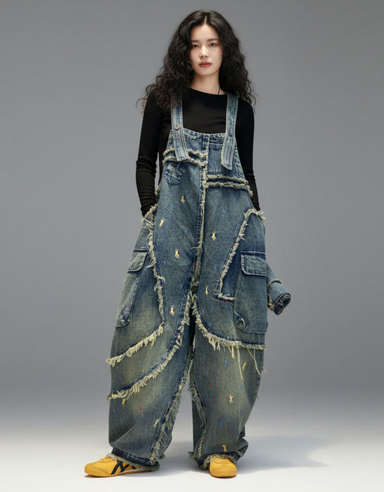 Women's Plus Size Patch Style Loose Denim Jumpsuit, Buykud Jumpsuits