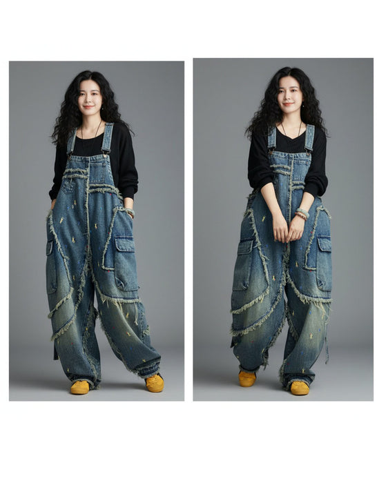 Women's Plus Size Patch Style Loose Denim Jumpsuit, Buykud Jumpsuits