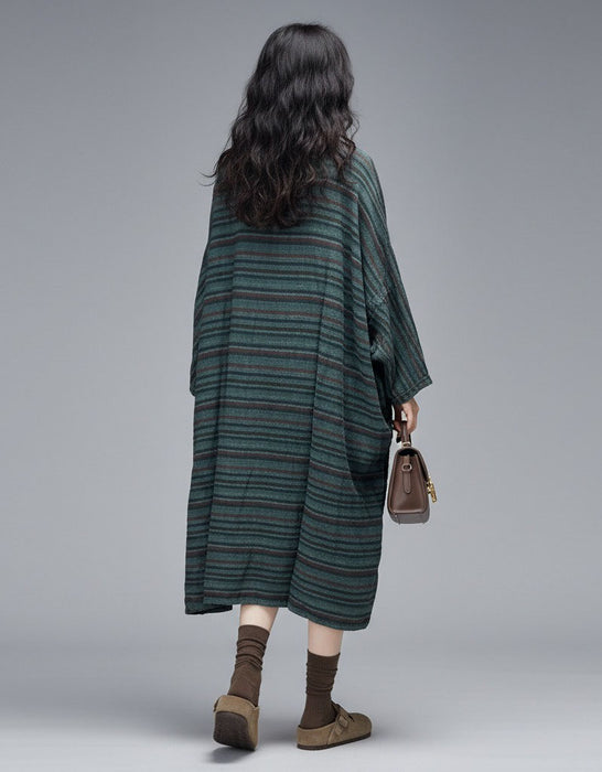 Women's Stripes Cotton Linen Loose Long Sleeve Dress
