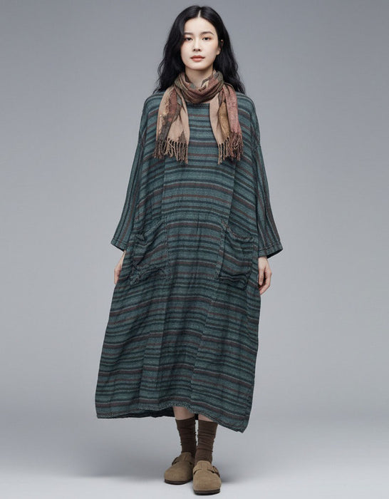 Women's Stripes Cotton Linen Loose Long Sleeve Dress