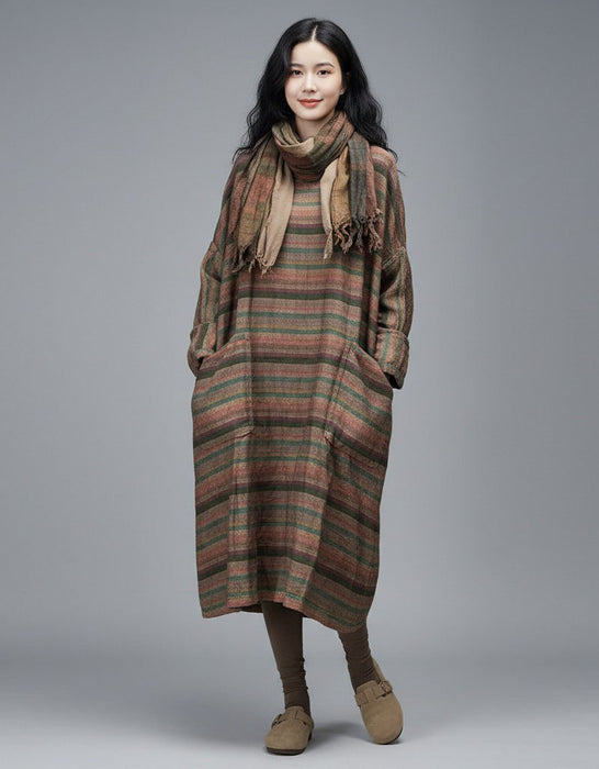 Women's Stripes Cotton Linen Loose Long Sleeve Dress