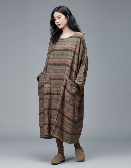 Women's Stripes Cotton Linen Loose Long Sleeve Dress