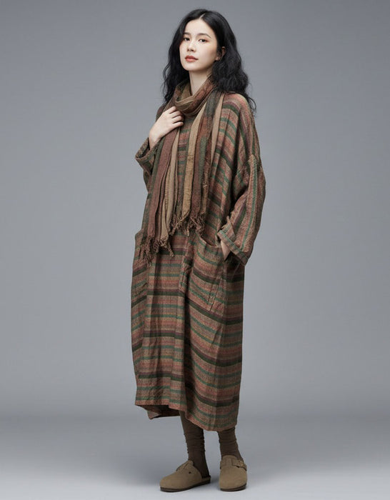Women's Stripes Cotton Linen Loose Long Sleeve Dress