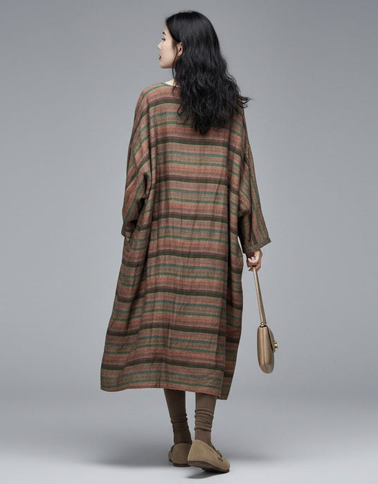 Women's Stripes Cotton Linen Loose Long Sleeve Dress