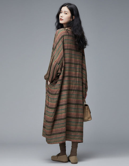 Women's Stripes Cotton Linen Loose Long Sleeve Dress