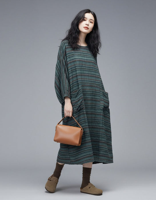 Women's Stripes Cotton Linen Loose Long Sleeve Dress