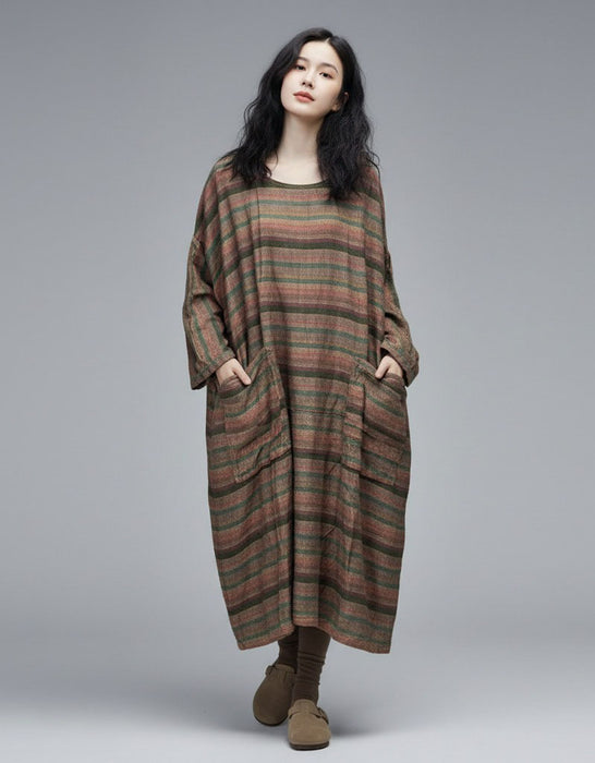 Women's Stripes Cotton Linen Loose Long Sleeve Dress