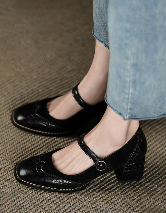 Ankle Strap Brogue Style Chunky Heels Mary Janes
