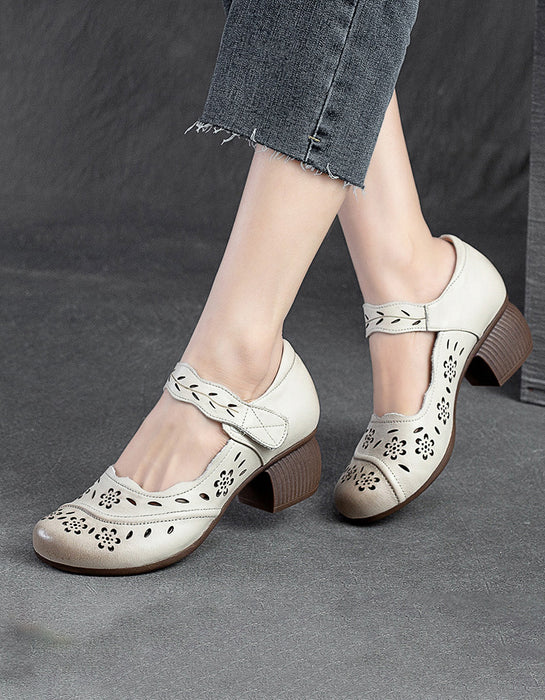 Ethnic Flower Hollow Elegant Chunky Heels Sandals