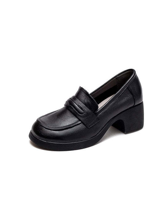 Handmade Retro Leather Chunky Heels Loafers for Women