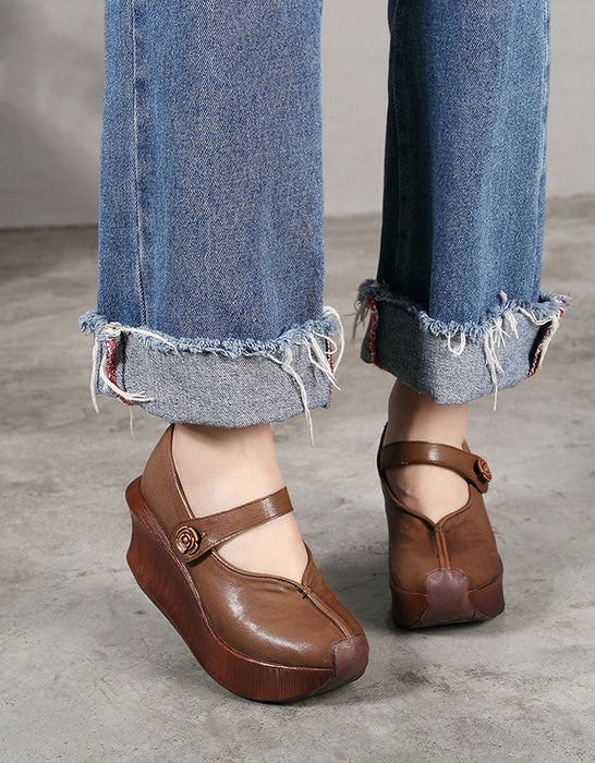 Handmade Retro Leather Wedge Heels Pumps Shoes