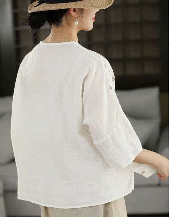 Summer Embroidered Round Neck Linen Shirt for Women May New In 2026 54.00