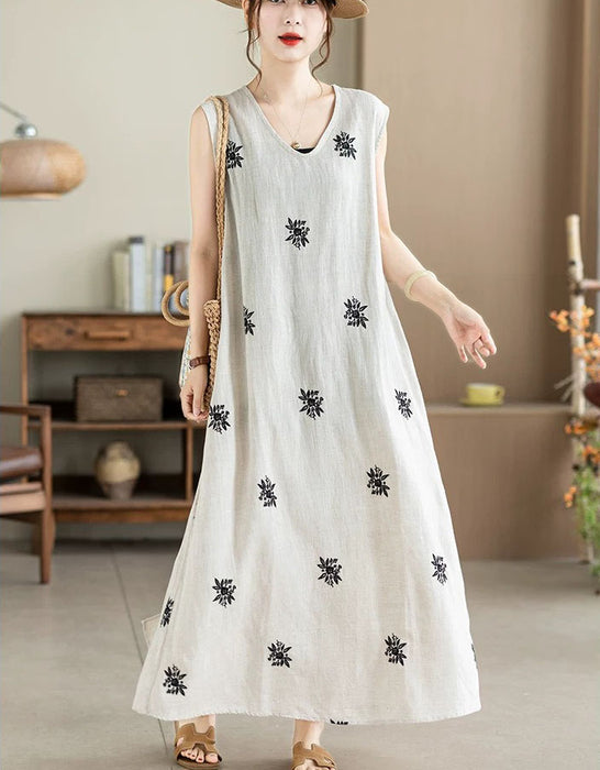 Summer Linen Embroidered Sleeveless Dress for Women