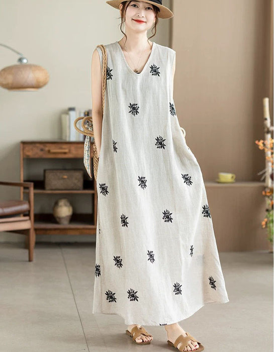Summer Linen Embroidered Sleeveless Dress for Women