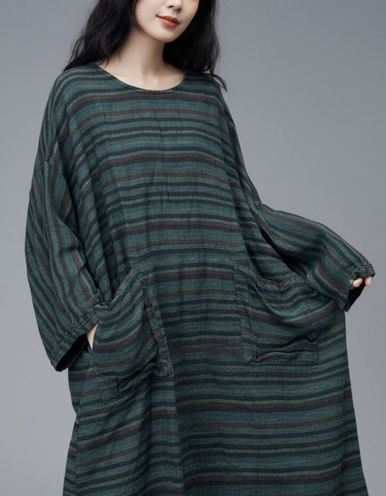 Women's Stripes Cotton Linen Loose Long Sleeve Dress