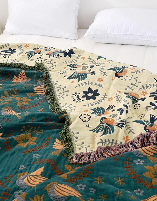 Tassel Edge Vintage Floral Bedcover Sofa Blanket