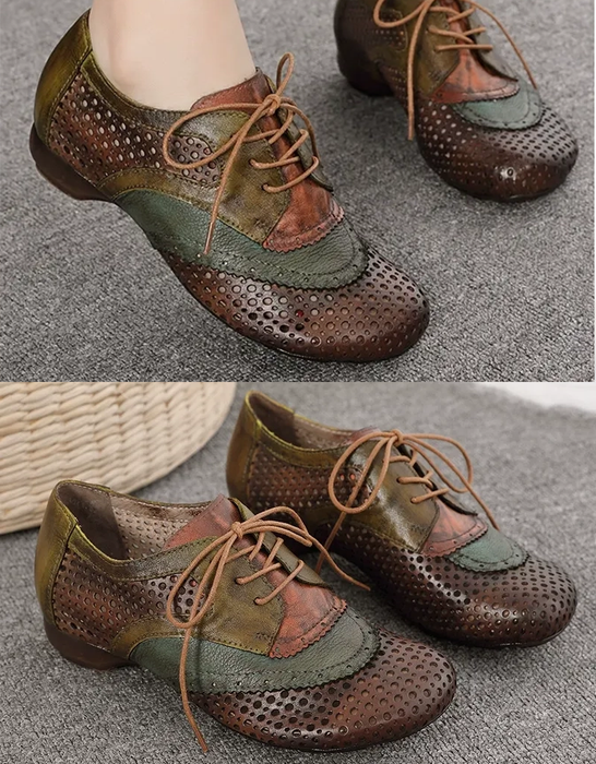 Women's Big Size (size35-size42)Color Blocking Leather Hollow Lace-up Retro Flats, Obiono Aug Shoes Collection 2026 2026, 89.88