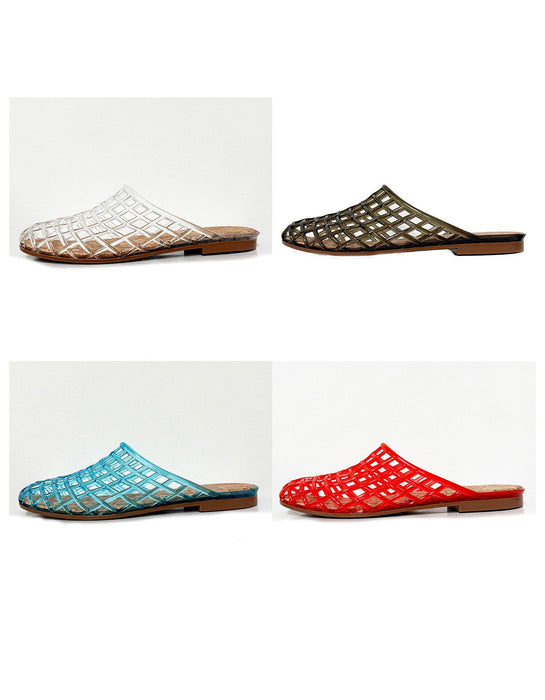 Four pairs of woven sandals in different colors on a white background