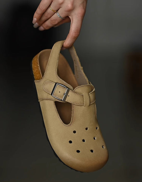 Comfort Leather Hollow T-strap Wide Toe Box Clogs Slippers