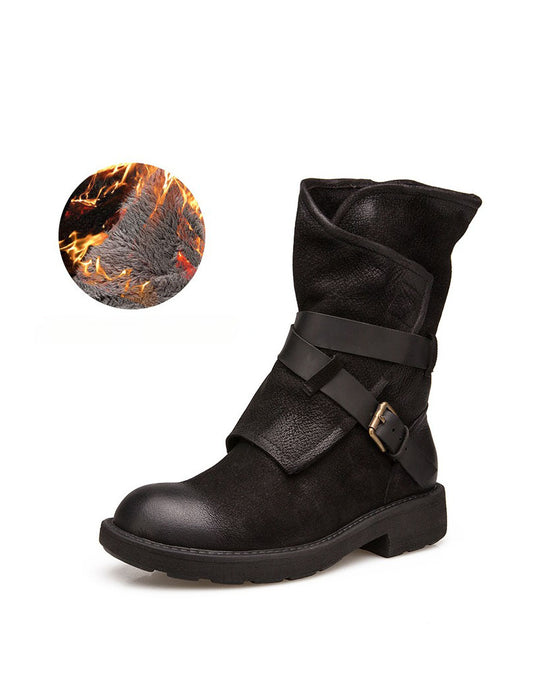 Autumn Winter Genuine Leather Mid-calf Belt Buckle Martin Boots