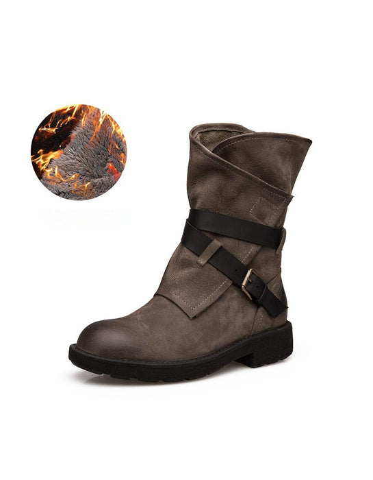 Autumn Winter Genuine Leather Mid-calf Belt Buckle Martin Boots