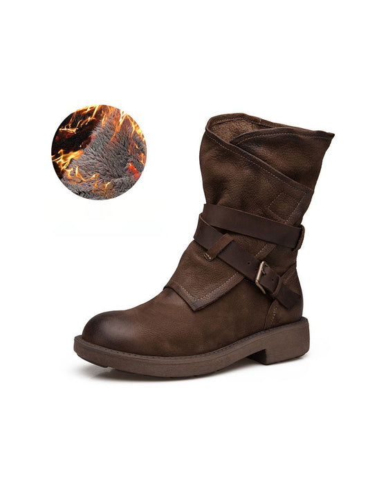 Autumn Winter Genuine Leather Mid-calf Belt Buckle Martin Boots