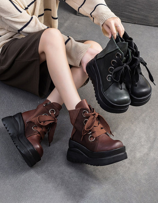 Autumn Winter Retro Leather Lace-up Platform Boots