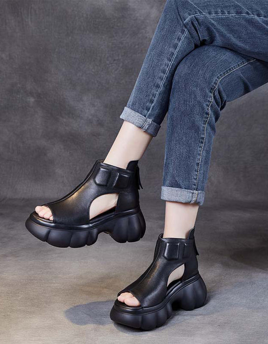 Retro Leather Cut Out Open Toe Platfrom Sandals