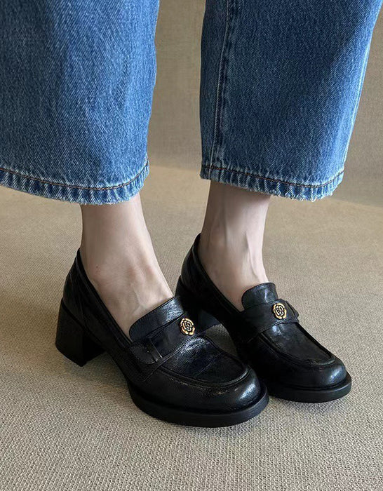 Vintage Camellia Pin Comfortable Chunky Heel Loafers